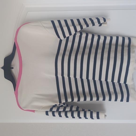 Talbots Midnight Navy and cream striped v neck sweater with pink trim. Size M - Picture 5 of 5